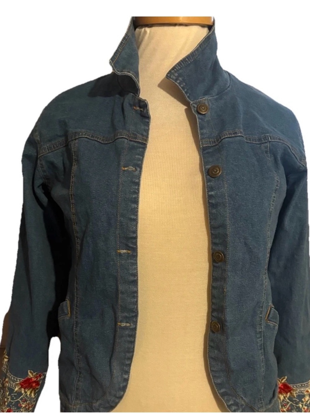 Denim&Co Blue Jean Jacket with Embroidered Cuffs